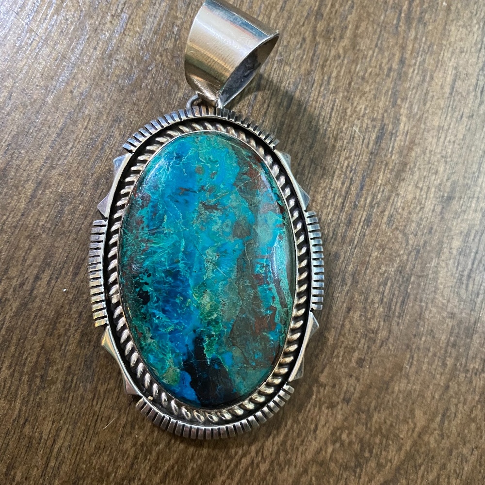 Very large sterling silver azurite pendant by Eddie Secatero